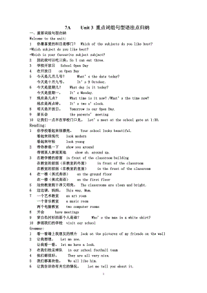 7A_Unit3 Welcome to our school词组句型知识点语法归纳总结.doc