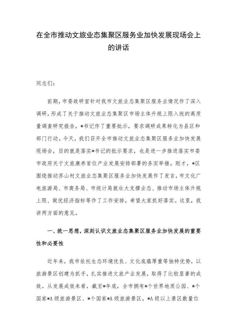 在全市推动文旅业态集聚区服务业加快发展现场会上的讲话.docx_第1页