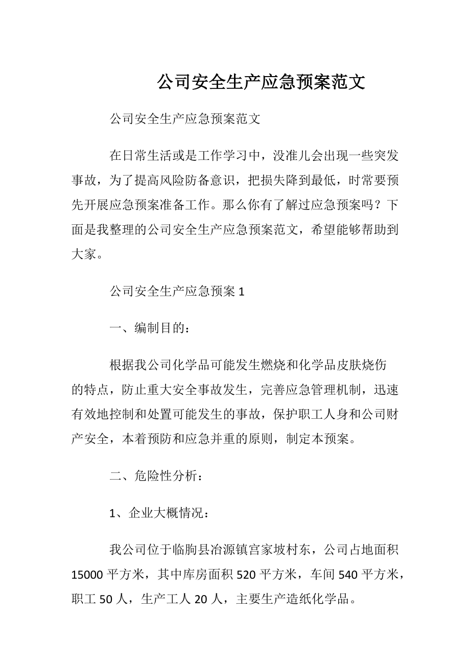 公司安全生产应急预案范文.docx_第1页