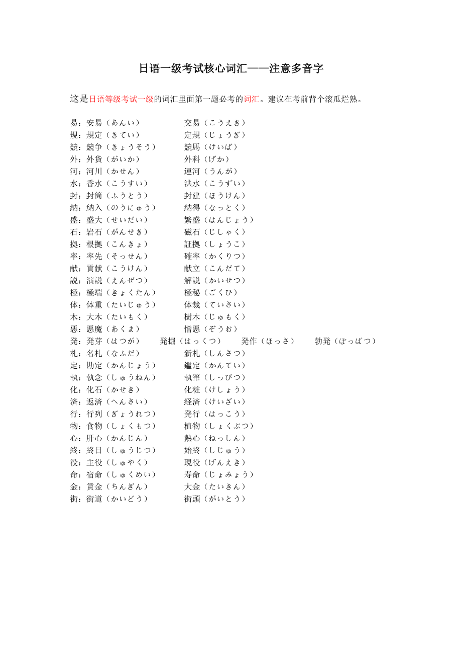 日语N1考试核心词汇——注意多音字(整理版).doc_第1页