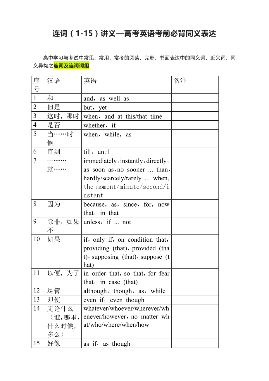 连词（1-15）讲义--高考英语考前必背同义表达.docx_第1页