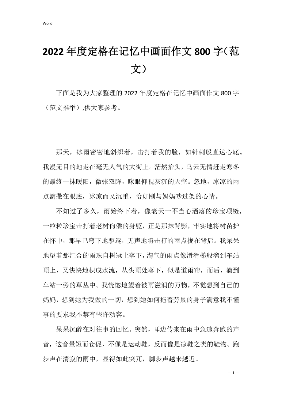 2022年度定格在记忆中画面作文800字（范文）.docx_第1页