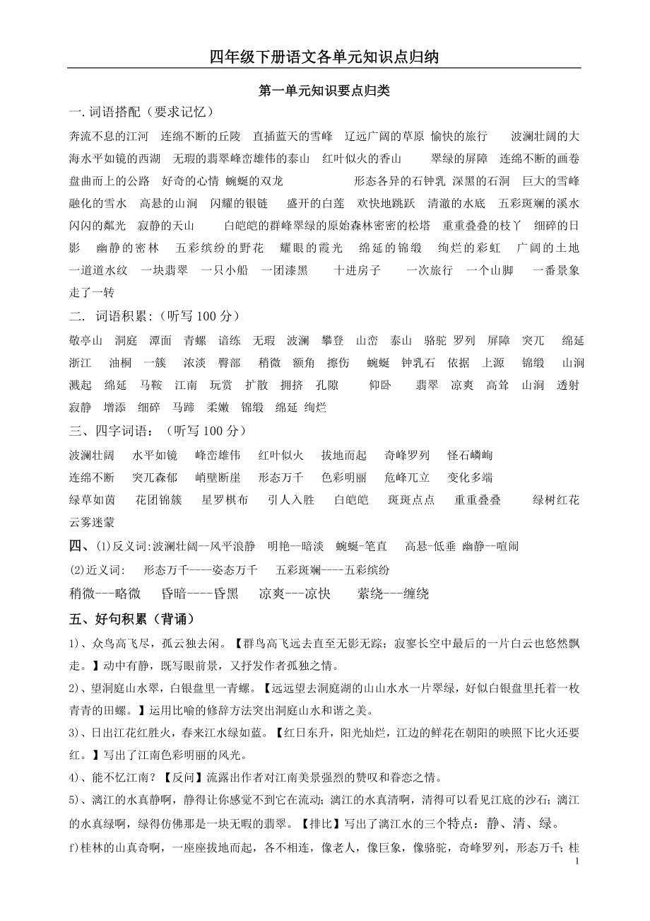 人教版四年级语文下册各单元知识点归纳.doc_第1页