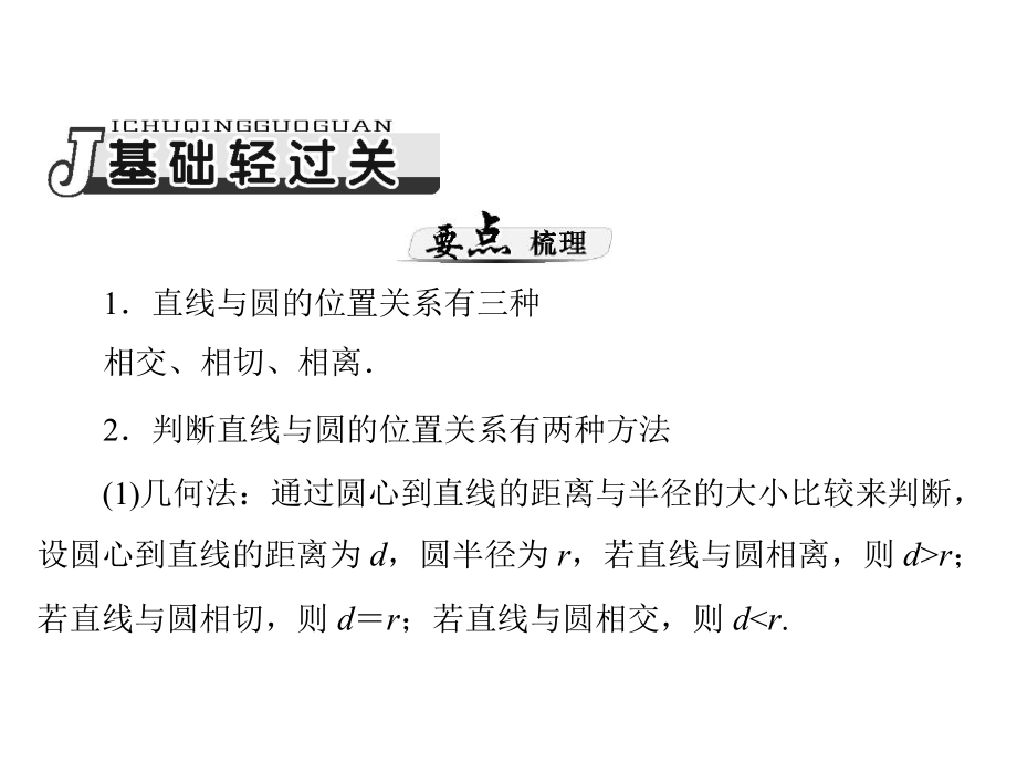 2014届【新课标数学（理）】一轮复习课件：第11章《直线与圆的方程》第4讲直线与圆的位置关系.ppt_第2页