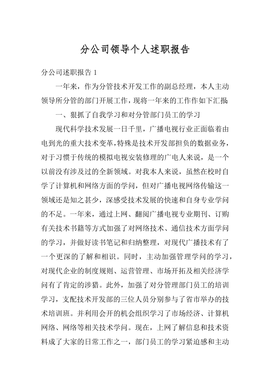 分公司领导个人述职报告优质.docx_第1页