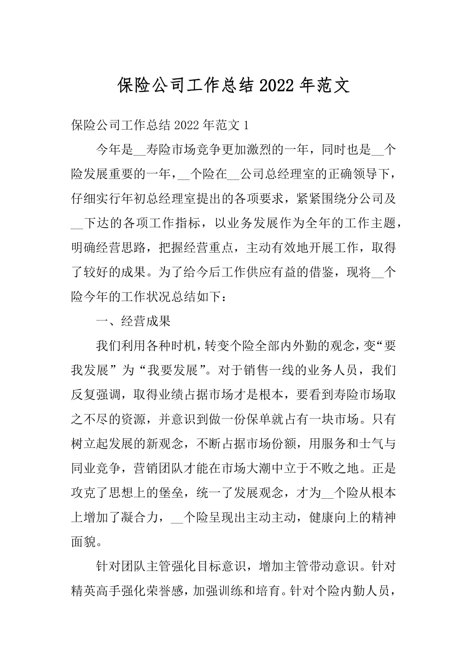 保险公司工作总结2022年范文汇编.docx_第1页