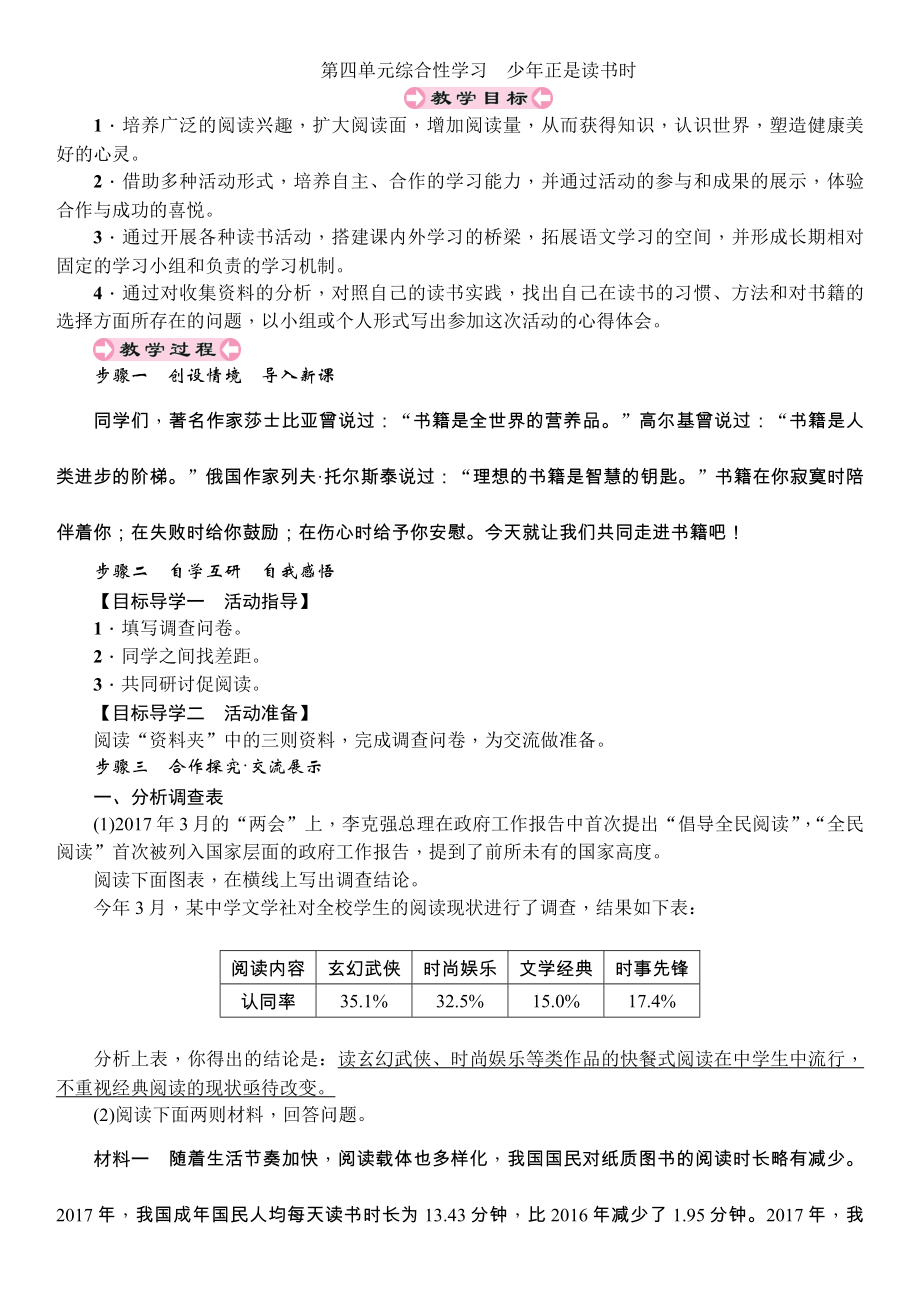 2019年秋七年级人教版语文上册教案：第四单元综合性学习　少年正是读书时.doc_第1页