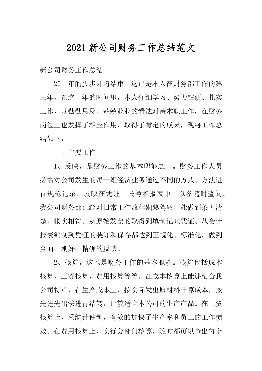 2021新公司财务工作总结范文例文.docx_第1页