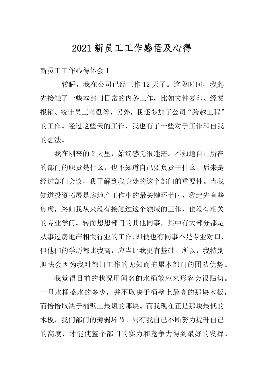 2021新员工工作感悟及心得精选.docx_第1页