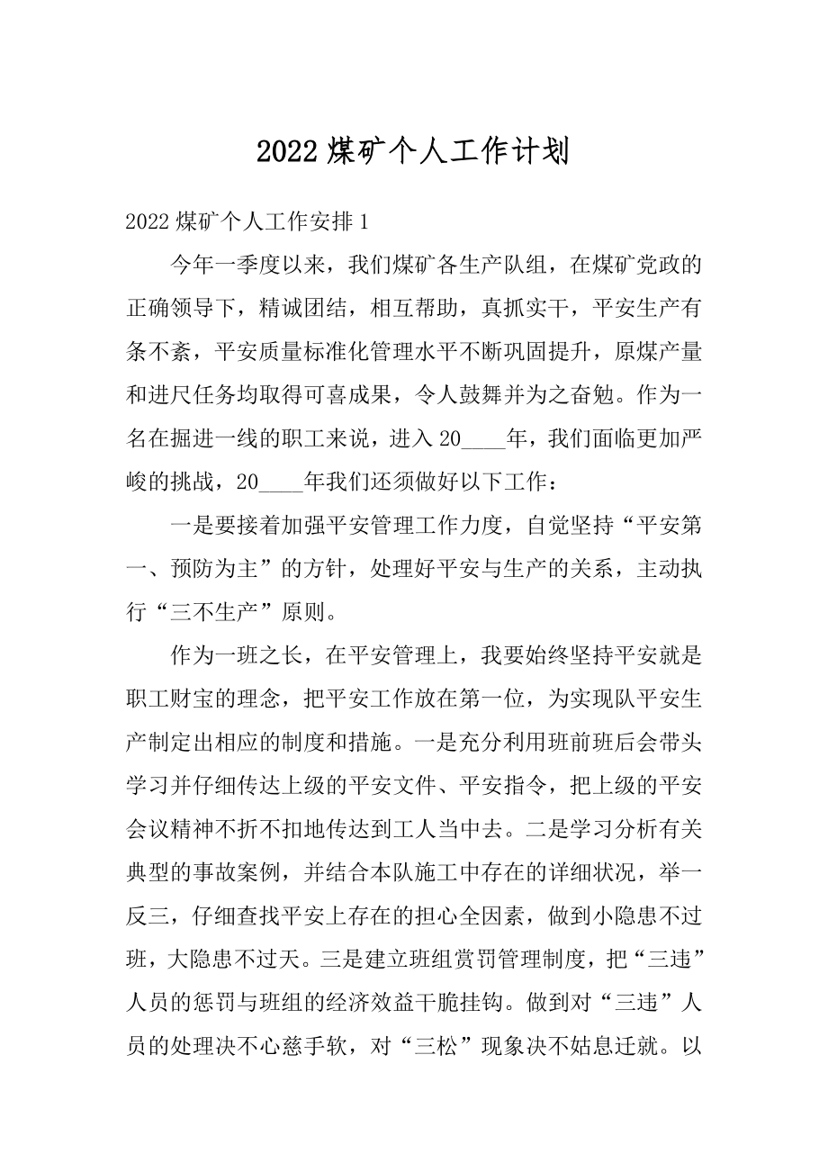 2022煤矿个人工作计划汇编.docx_第1页