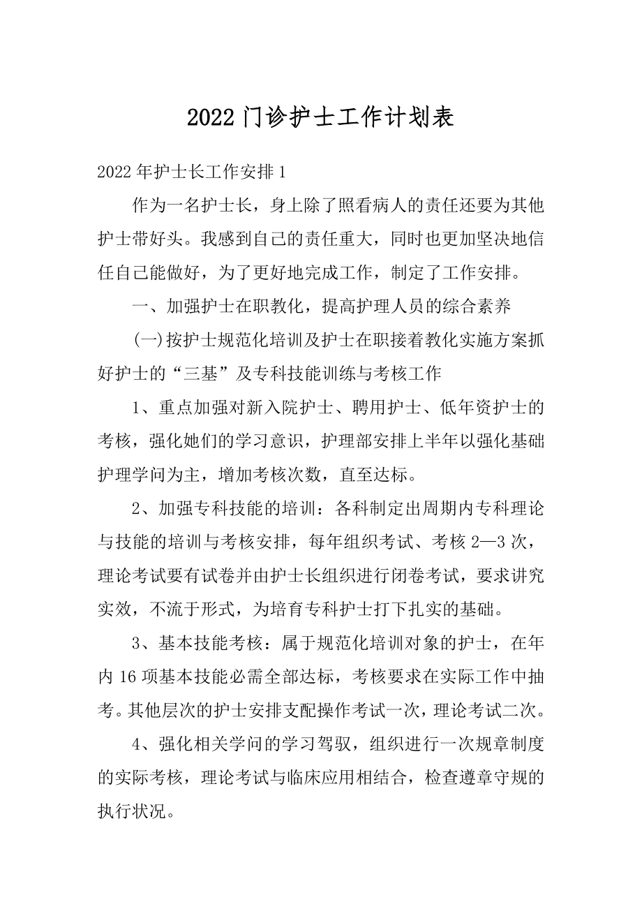 2022门诊护士工作计划表精选.docx_第1页