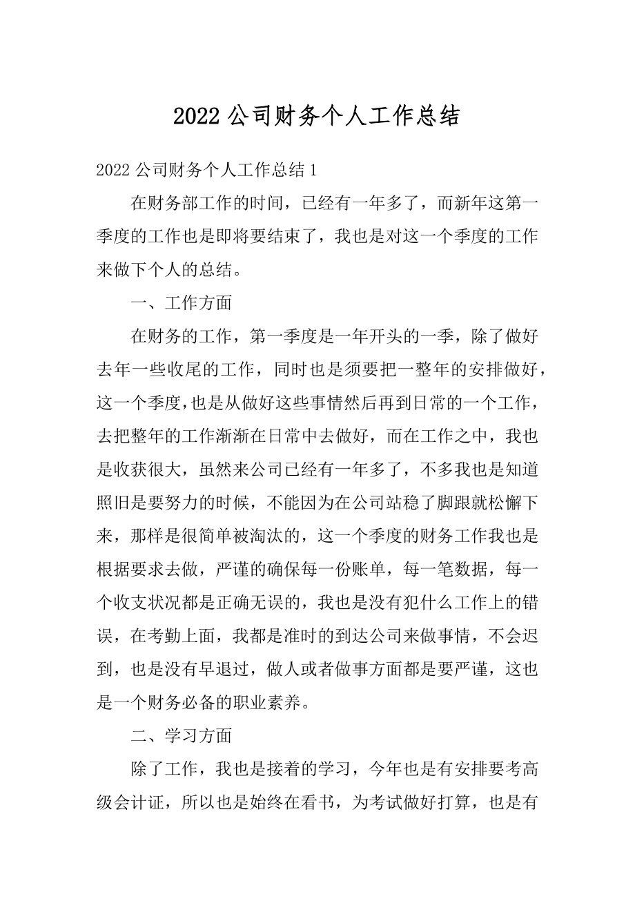 2022公司财务个人工作总结优质.docx_第1页