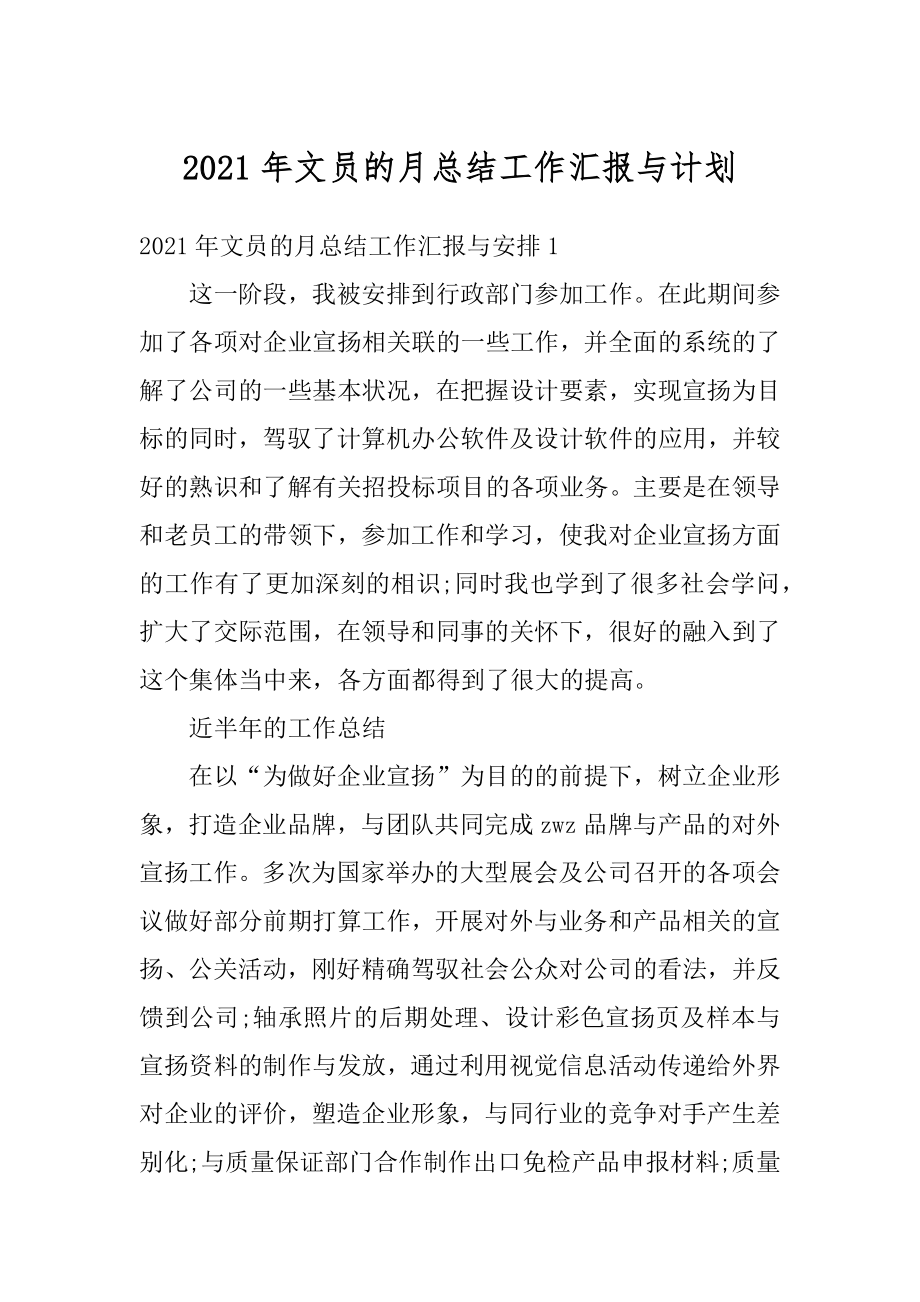 2021年文员的月总结工作汇报与计划范例.docx_第1页