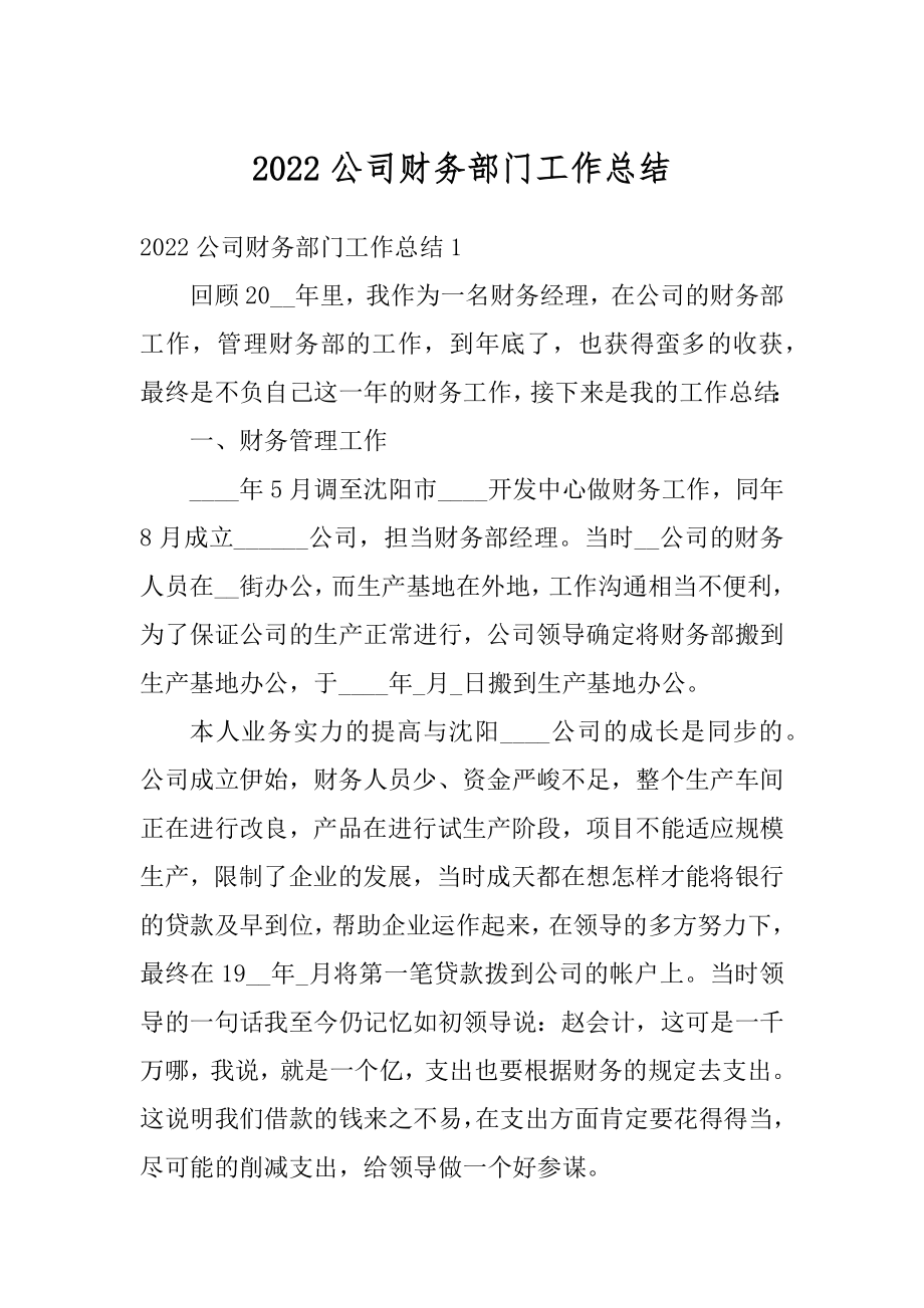 2022公司财务部门工作总结范例.docx_第1页