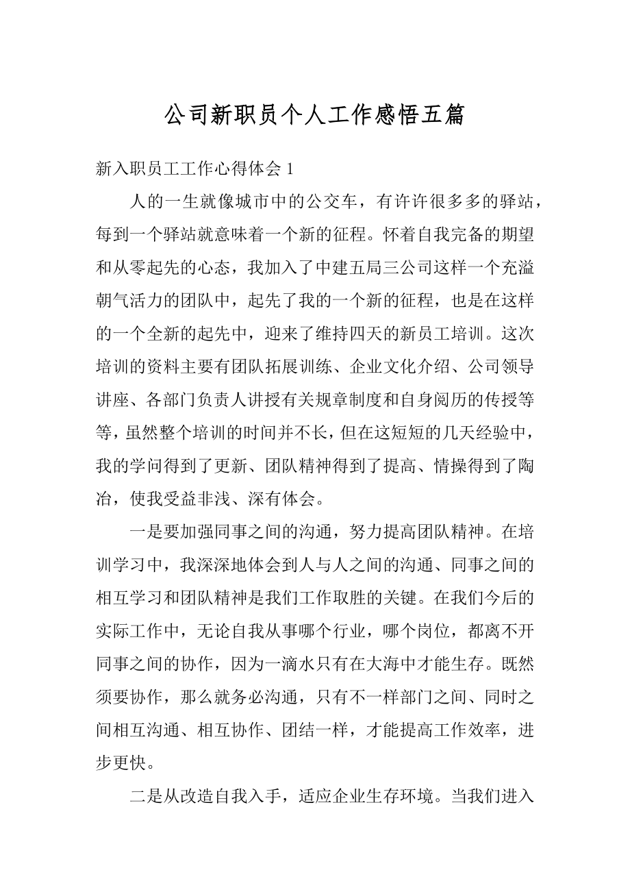 公司新职员个人工作感悟五篇精选.docx_第1页