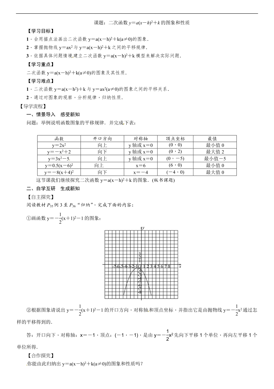 2019年秋人教版九年级上册数学导学案：第22章 课题5 二次函数y＝a(x－h)2＋k的图象和性质.doc_第1页