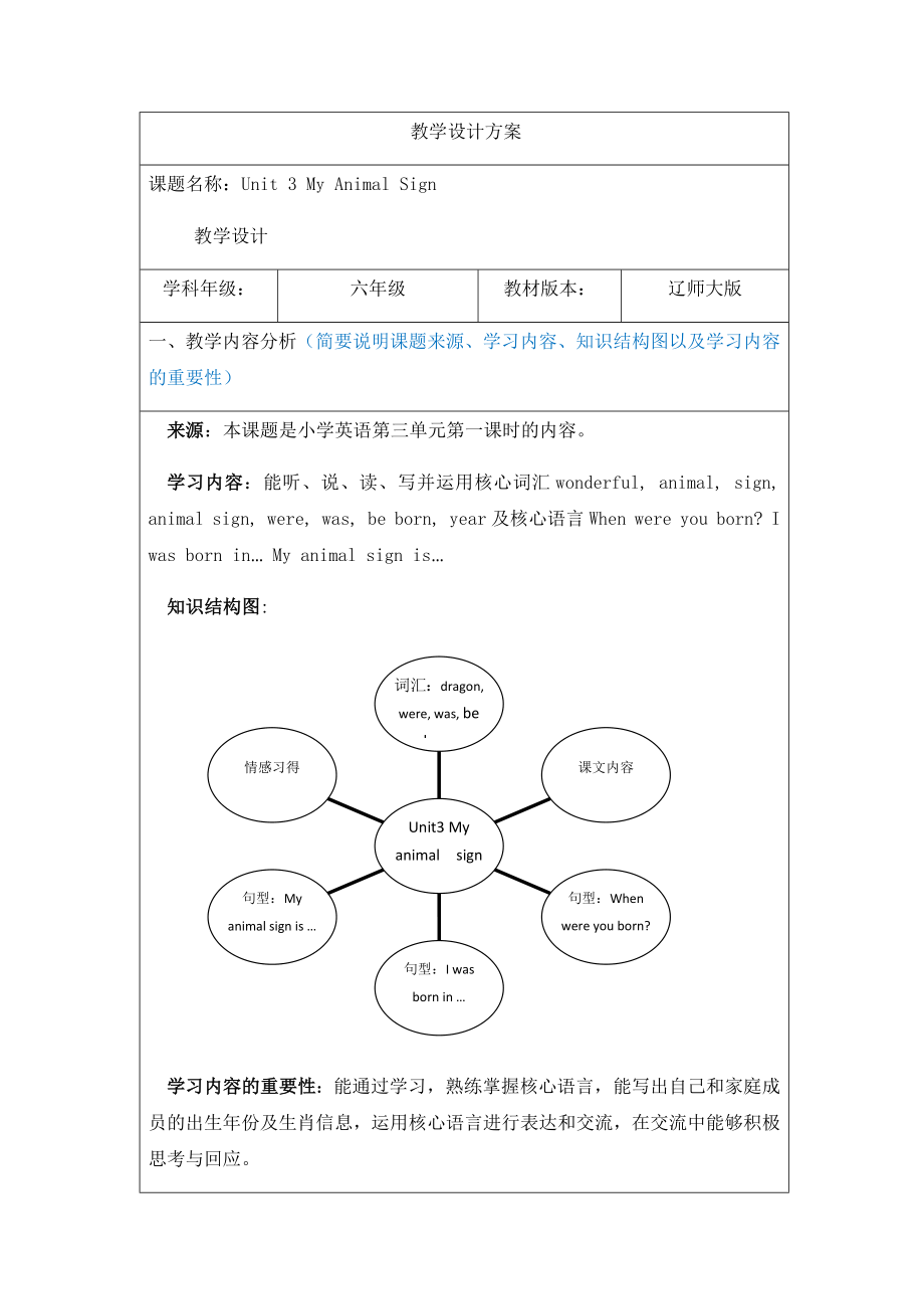 六年级下册英语教案-Unit 3 My animal sign 辽师大版（三起） (4).docx_第1页