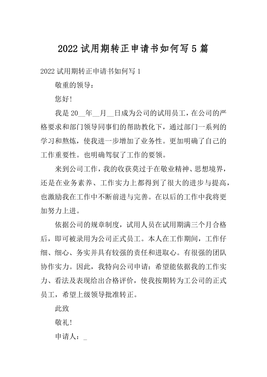 2022试用期转正申请书如何写5篇优质.docx_第1页