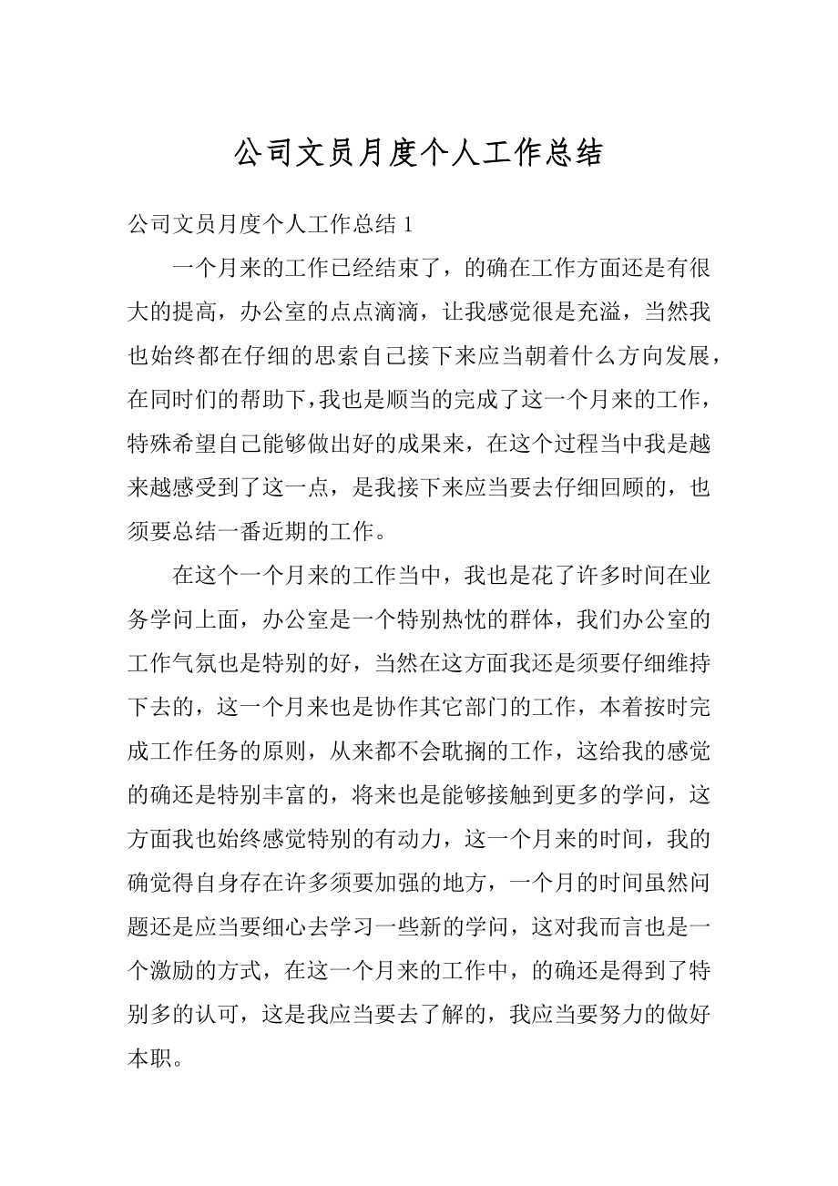 公司文员月度个人工作总结精编.docx_第1页