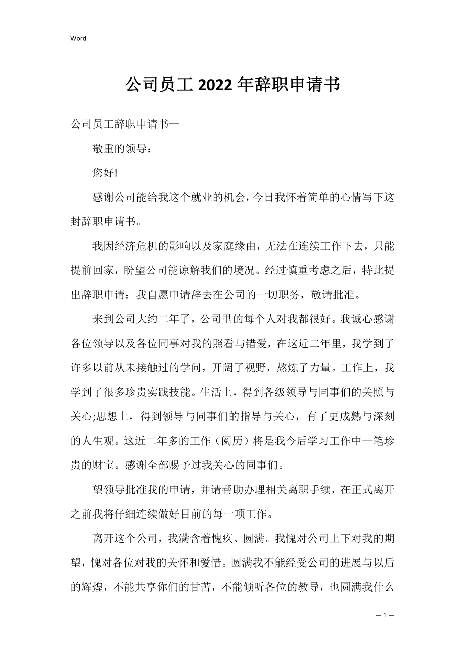 公司员工2022年辞职申请书.docx_第1页