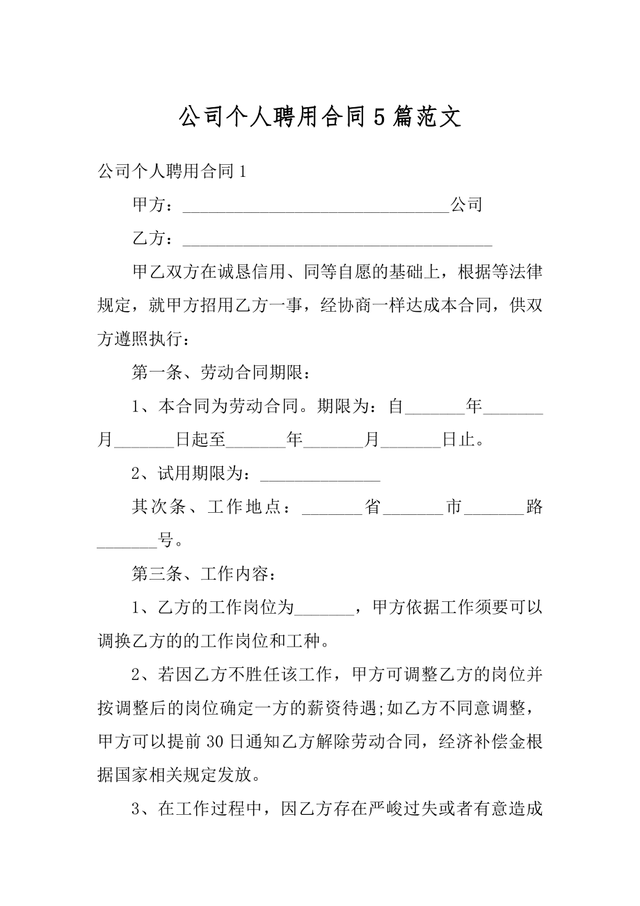 公司个人聘用合同5篇范文最新.docx_第1页