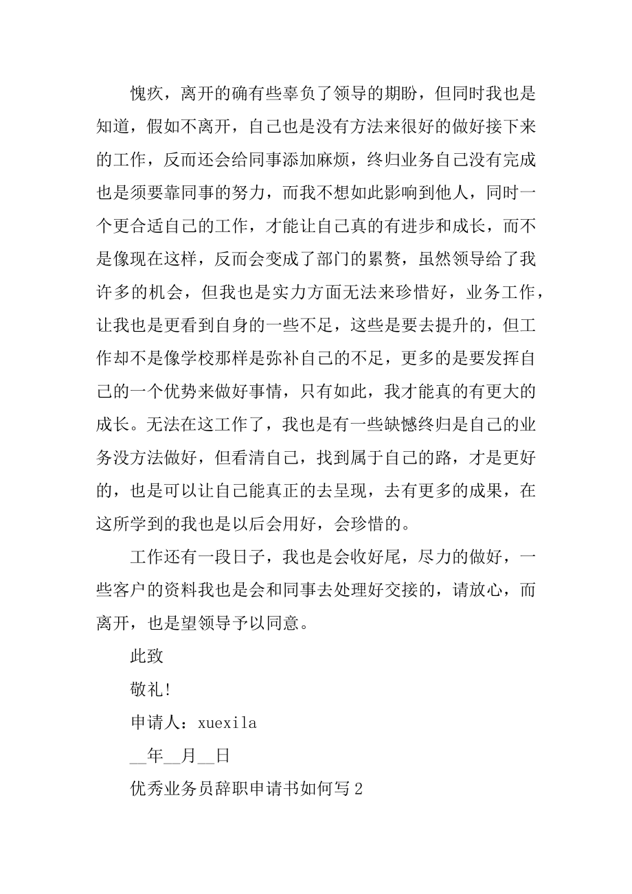 优秀业务员辞职申请书如何写例文.docx_第2页