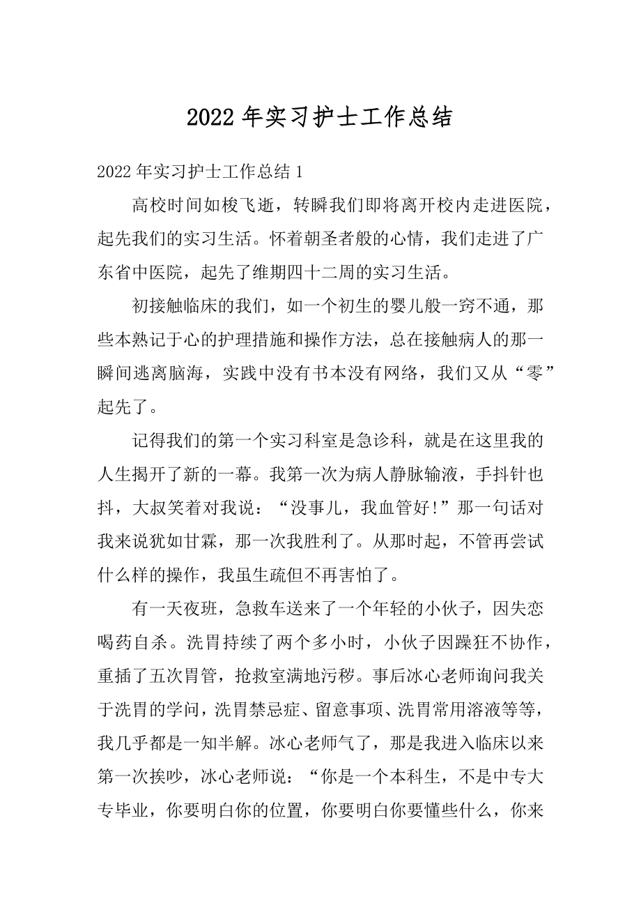 2022年实习护士工作总结范文.docx_第1页