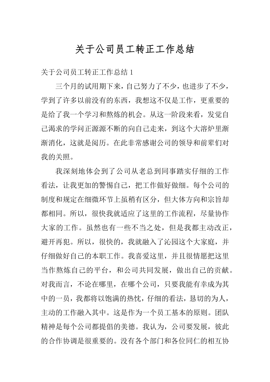 关于公司员工转正工作总结精选.docx_第1页