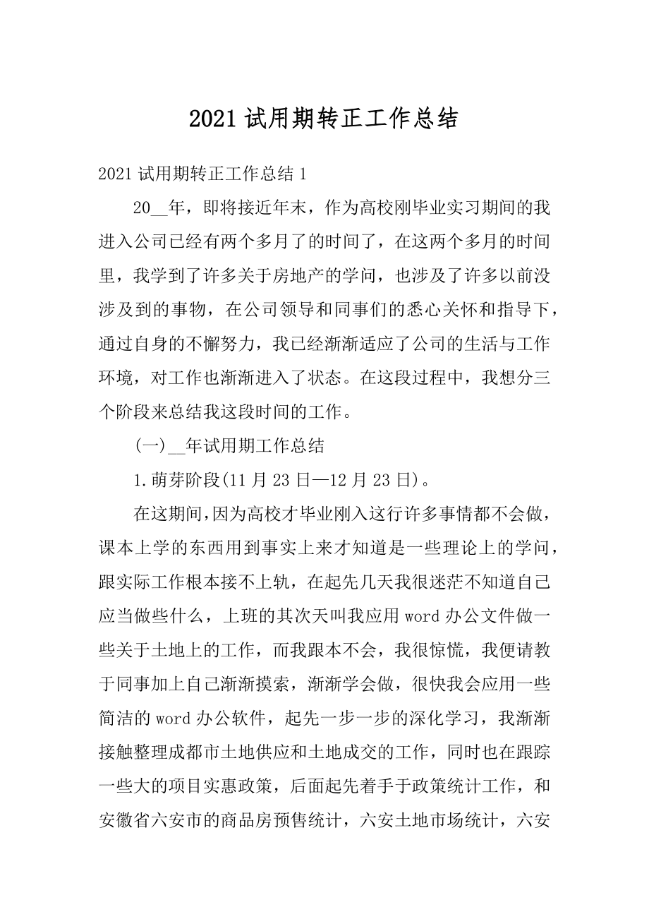 2021试用期转正工作总结汇总.docx_第1页