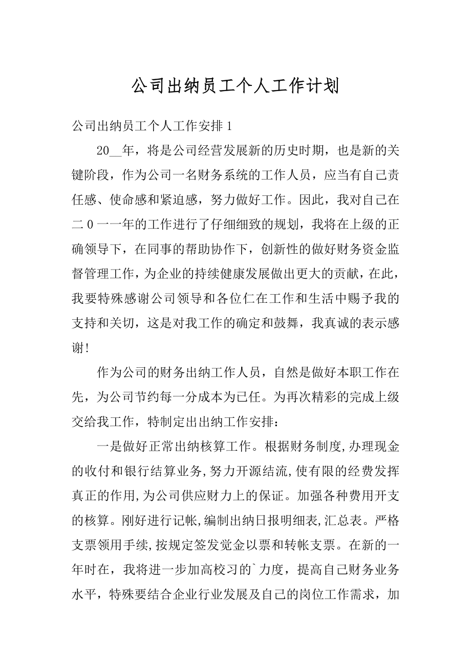 公司出纳员工个人工作计划汇编.docx_第1页