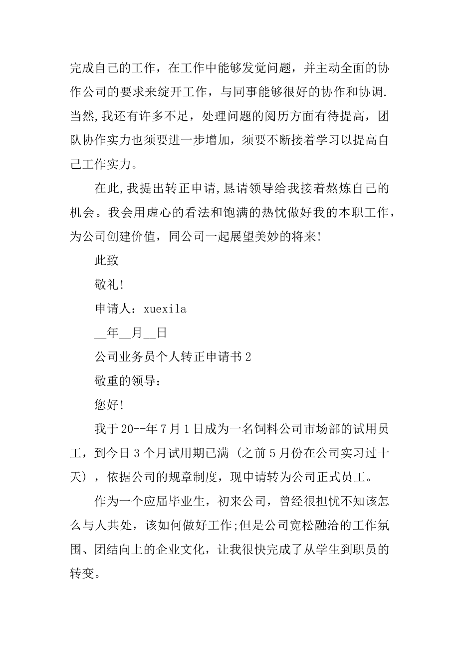 公司业务员个人转正申请书5篇例文.docx_第2页