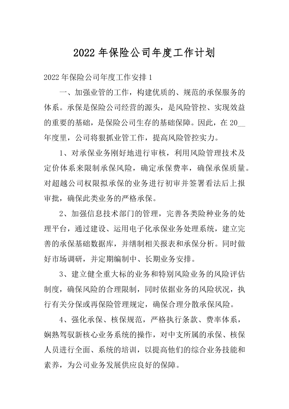 2022年保险公司年度工作计划精选.docx_第1页