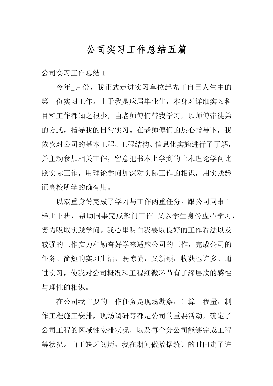 公司实习工作总结五篇精品.docx_第1页