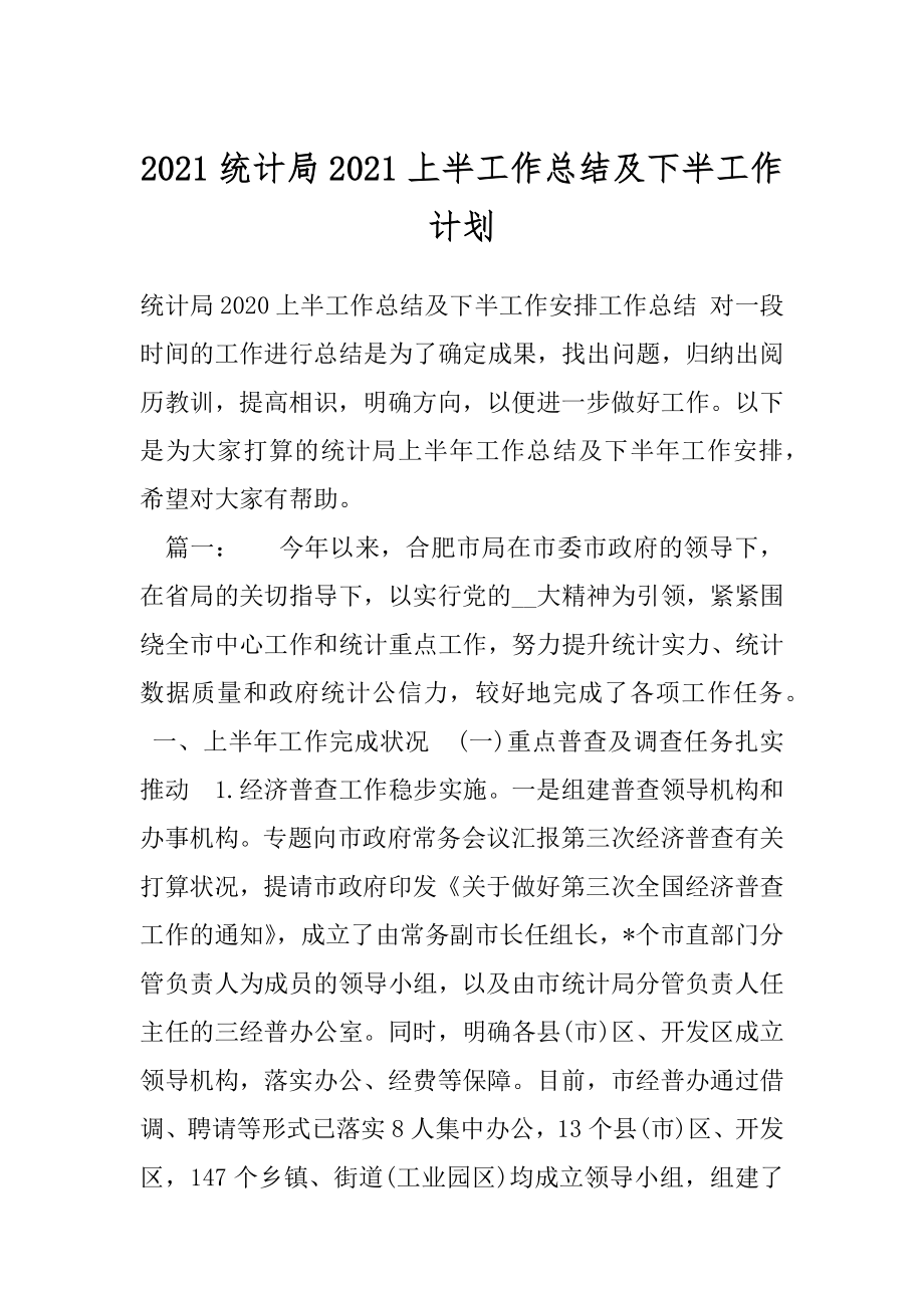 2021统计局2021上半工作总结及下半工作计划.docx_第1页