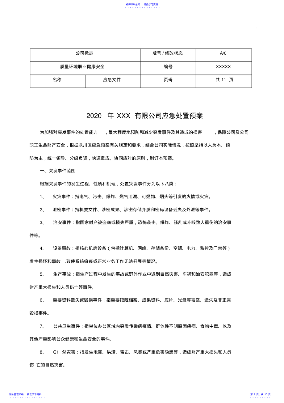 2022年2021年XXX有限公司应急处置预案 .pdf_第1页