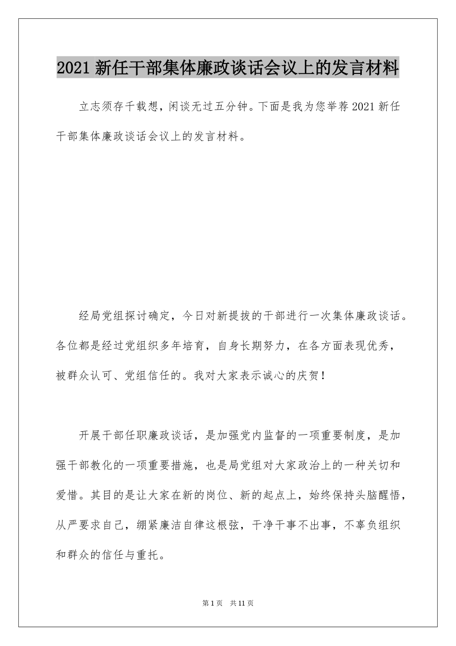 2021新任干部集体廉政谈话会议上的发言材料.docx_第1页