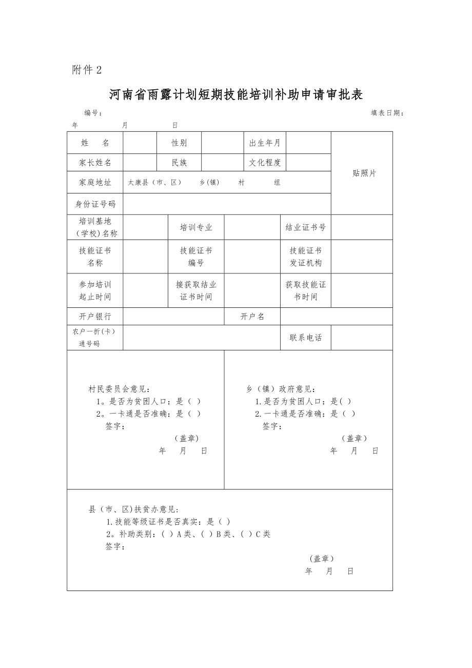 河南省雨露计划短期技能培训补助申请审批表.doc_第1页