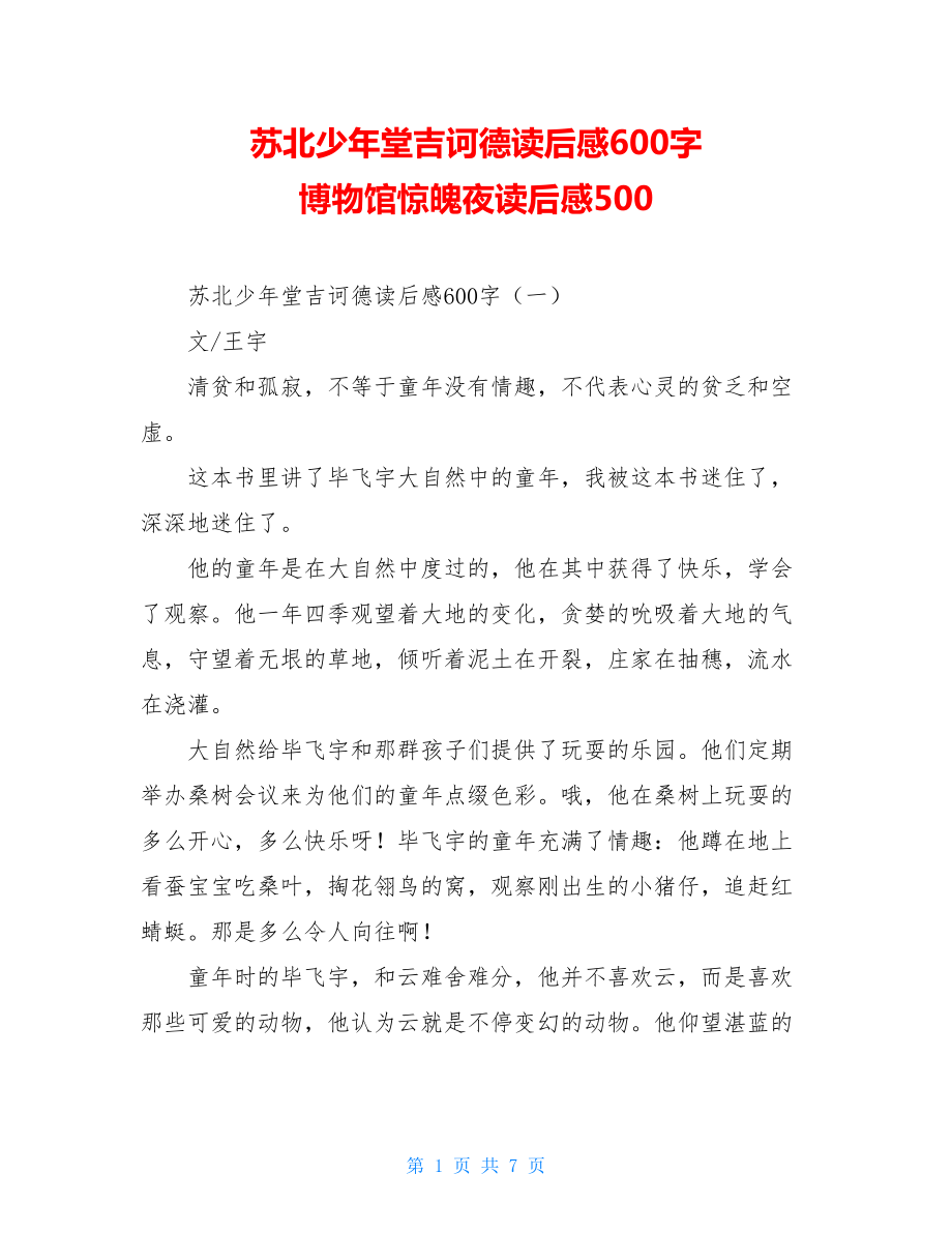 苏北少年堂吉诃德读后感600字 博物馆惊魄夜读后感500.doc_第1页