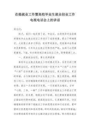 在稳就业工作暨高校毕业生就业创业工作电视电话会上的讲话.docx