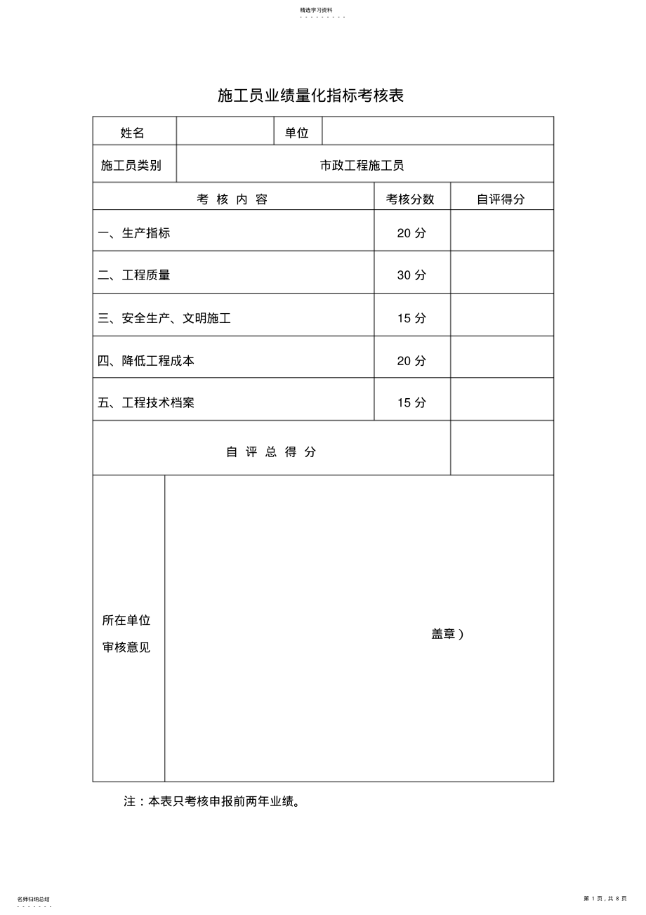 2022年施工员业绩量化指标考核表 .pdf_第1页