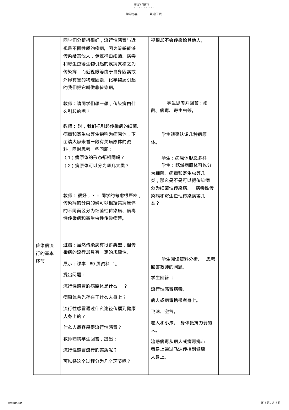 2022年新人教版初中八年级生物下册第八单元第一章第一节《传染病及其预防》精品教案 .pdf_第2页