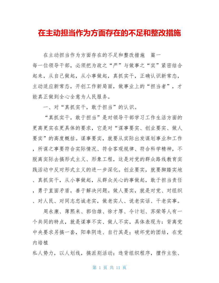 在主动担当作为方面存在的不足和整改措施.doc_第1页