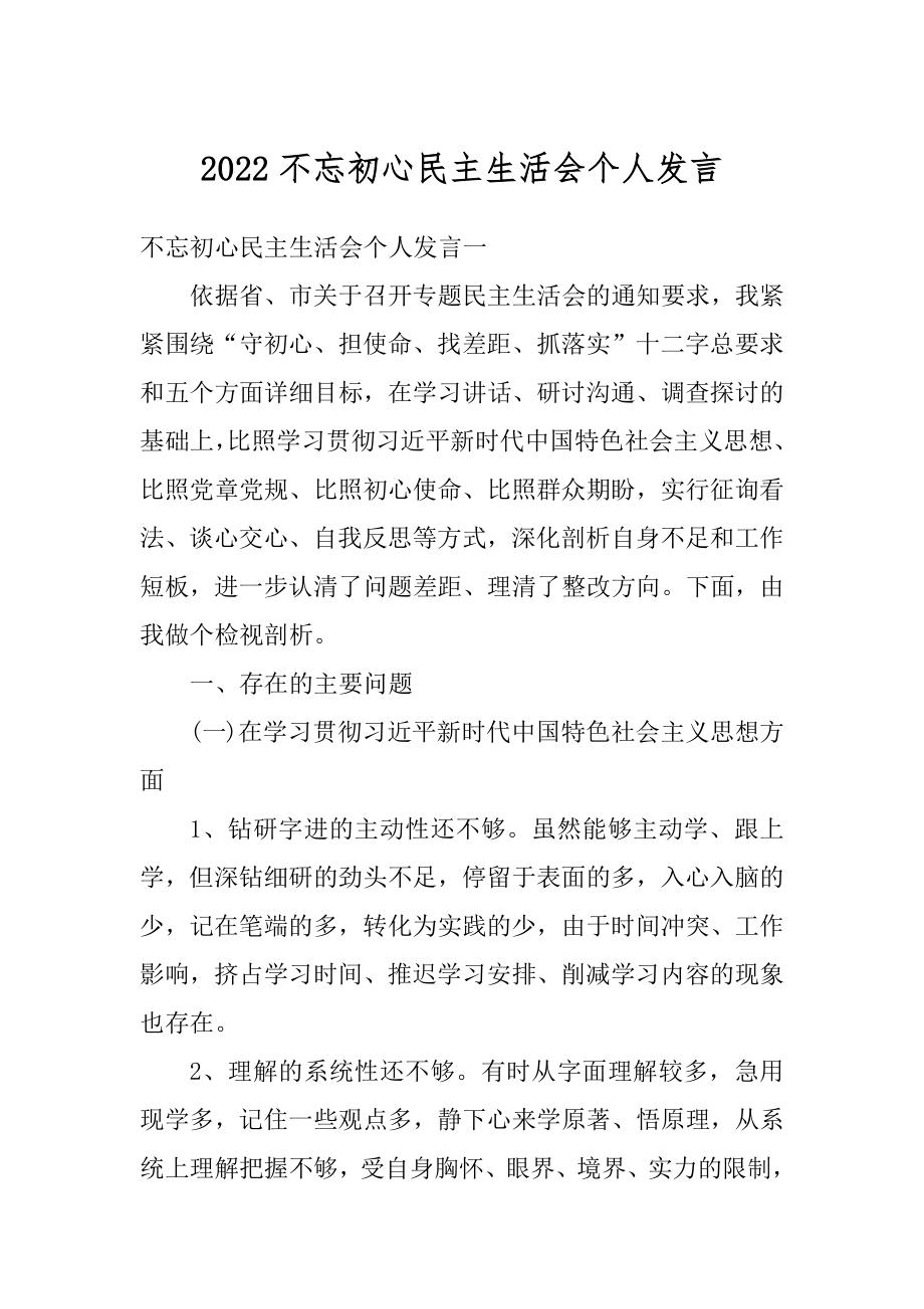 2022不忘初心民主生活会个人发言范例.docx_第1页