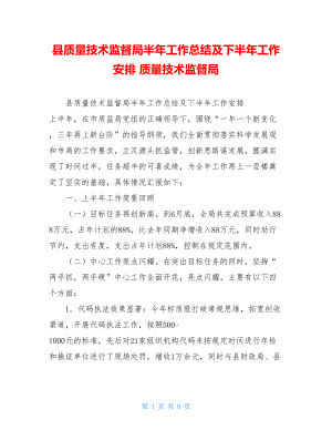 县质量技术监督局半年工作总结及下半年工作安排 质量技术监督局.doc