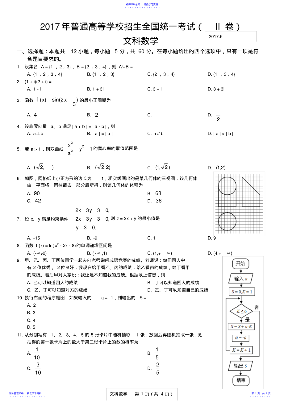 2022年2021年高考全国二卷文科数学试卷 .pdf_第1页