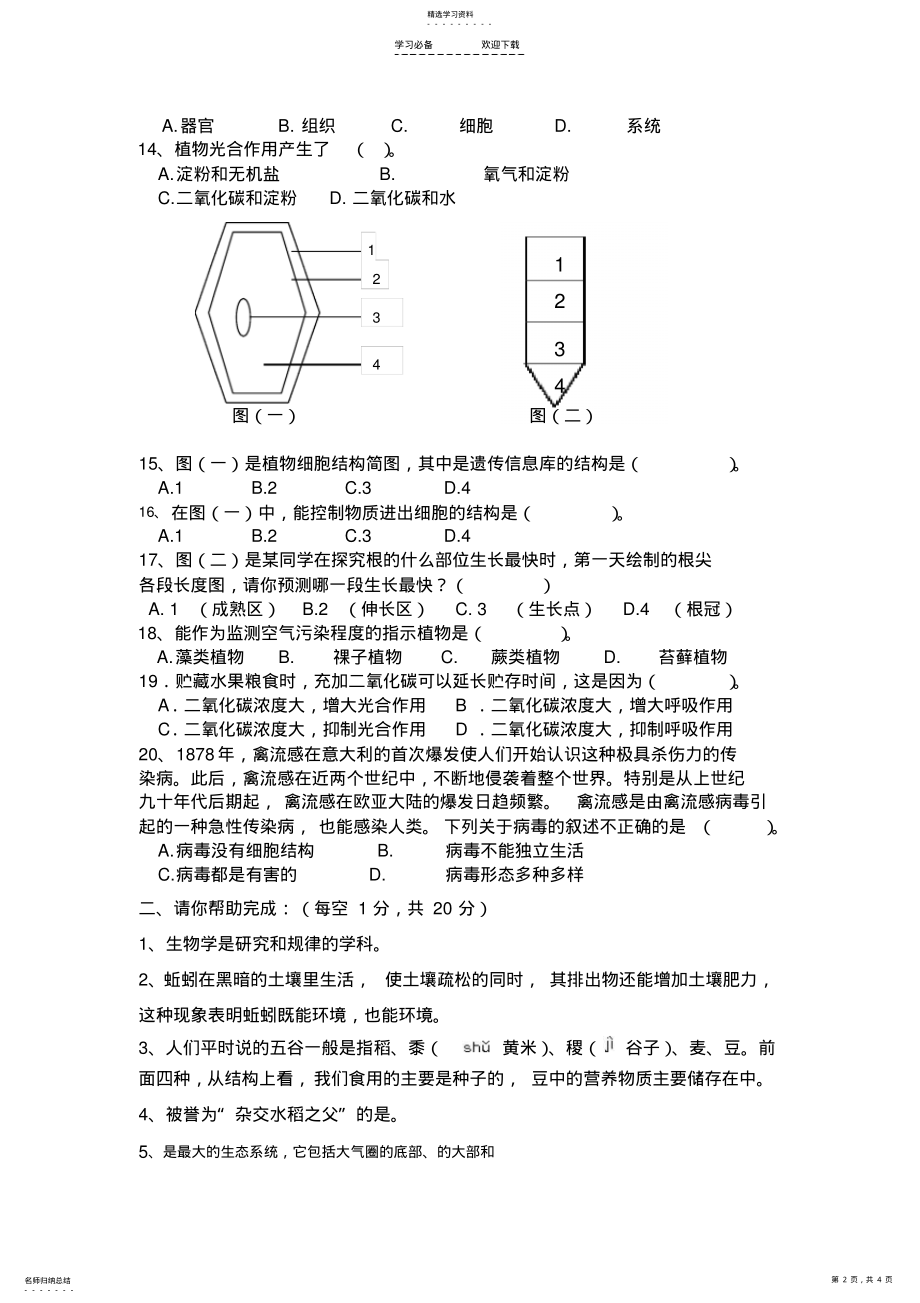 2022年新人教版七年级生物上册期末试题 .pdf_第2页