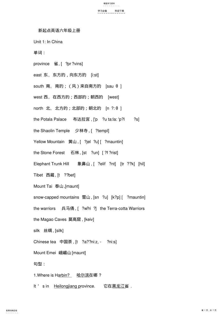 2022年新起点英语六年级上册单词带音标-+句型 .pdf_第1页