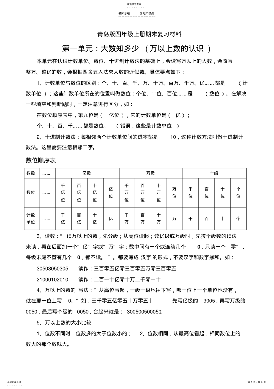 2022年新青岛版四年级数学上册知识点归纳 .pdf_第1页