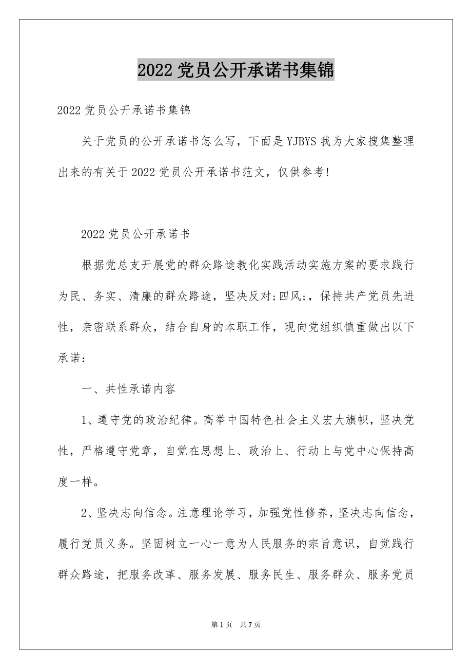 2022党员公开承诺书集锦.docx_第1页