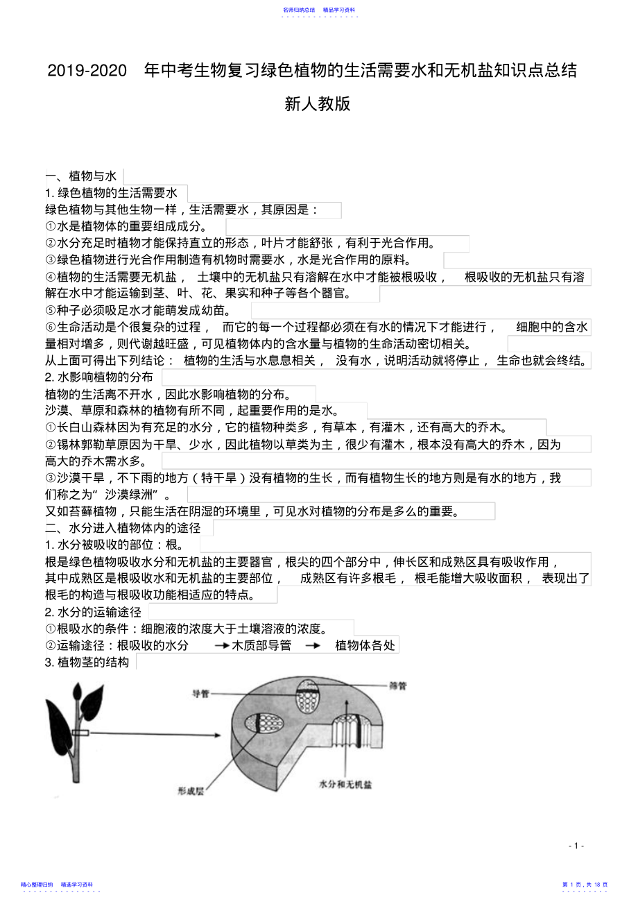 2022年2021-2021年中考生物复习绿色植物的生活需要水和无机盐知识点总结新人教版 .pdf_第1页